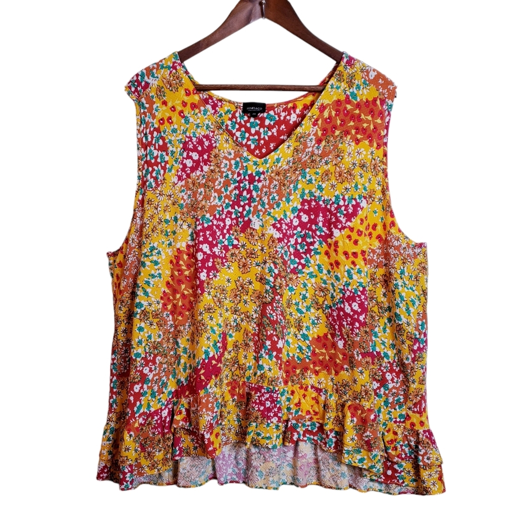 Jones & Co. Spring Floral Top Sleeveless Ruffle Hem 2X Mulicolor